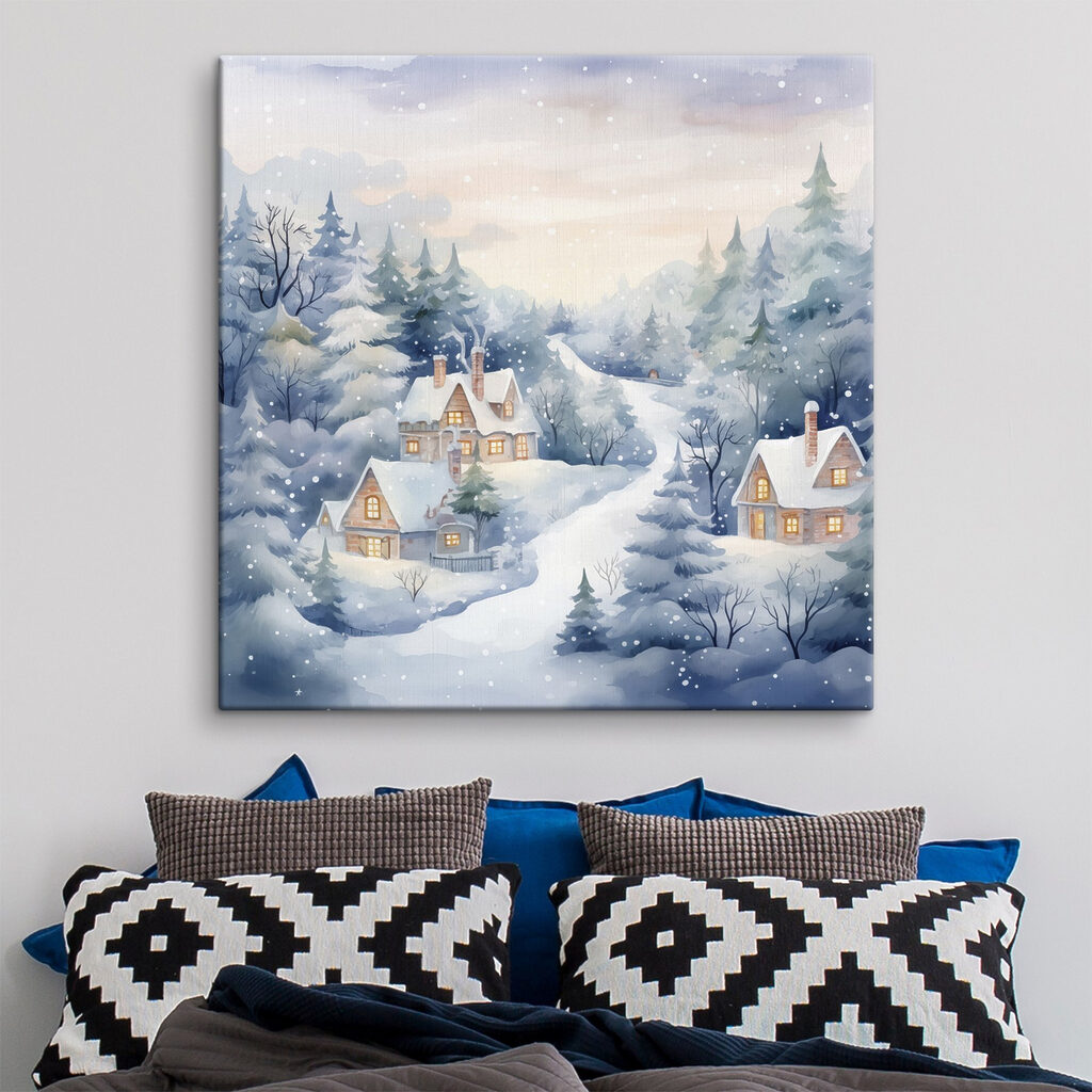 Painting of houses in a snowy forest Painting of houses in a snowy forest