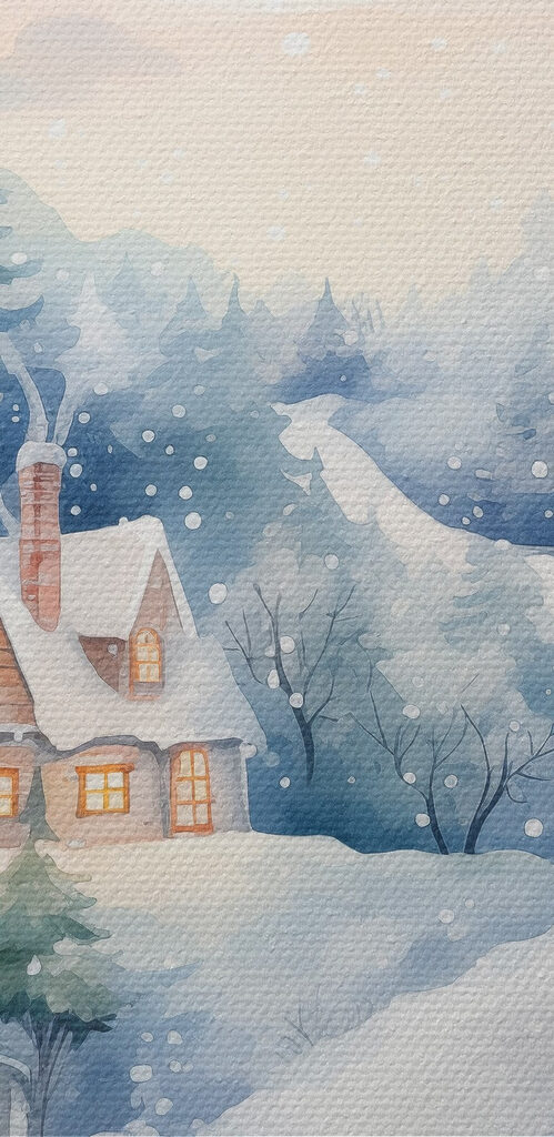 Painting of houses in a snowy forest Painting of houses in a snowy forest