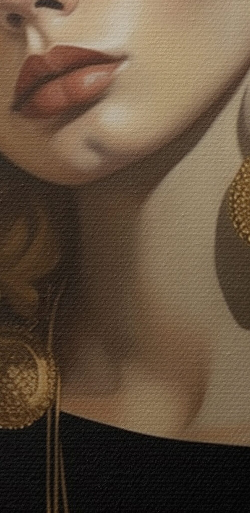 Woman with curly blonde hair and large earrings