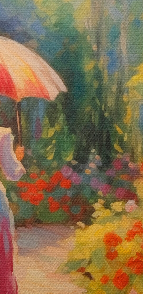 Woman walking down a path with a large umbrella Woman walking down a path with a large umbrella