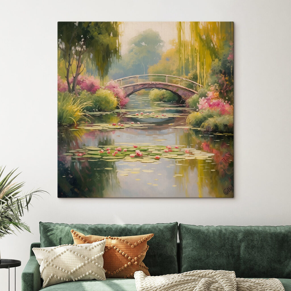 Bridge over a pond with lily pads and flowers