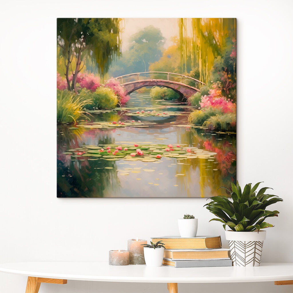 Bridge over a pond with lily pads and flowers