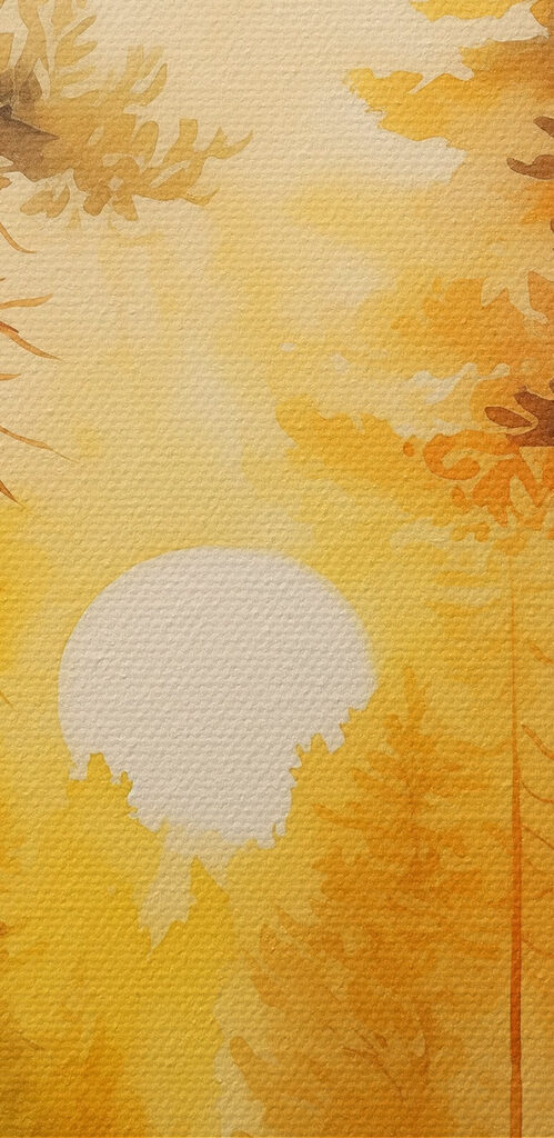 Painting of a forest with a path and trees Painting of a forest with a path and trees