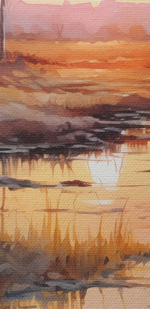 Watercolor painting of a river with trees and a sunset
