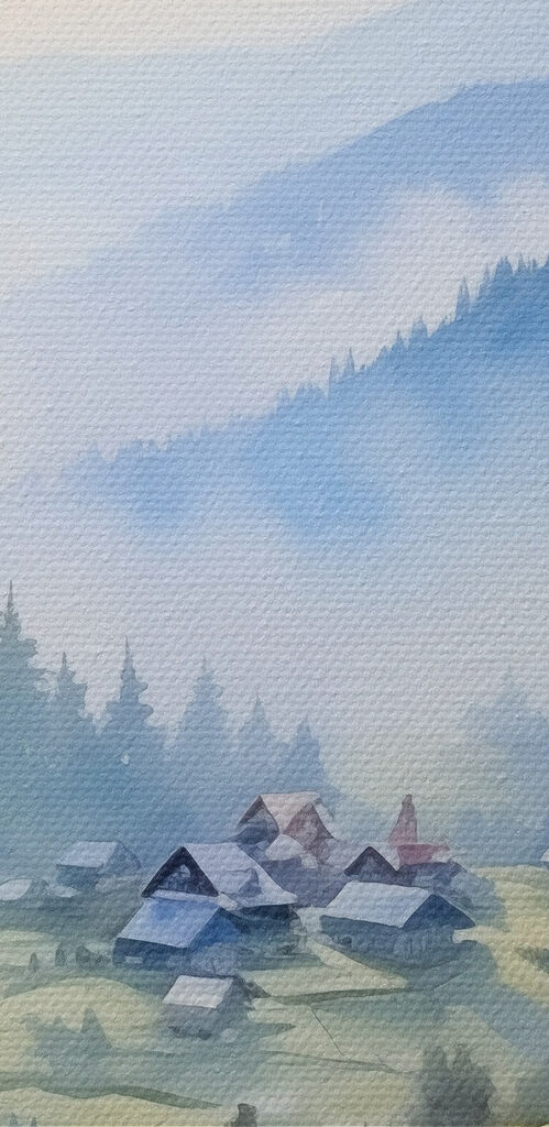 Painting of a village in the mountains Painting of a village in the mountains