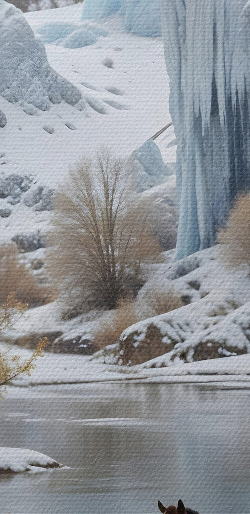 Horse standing in the snow next to a body of water
