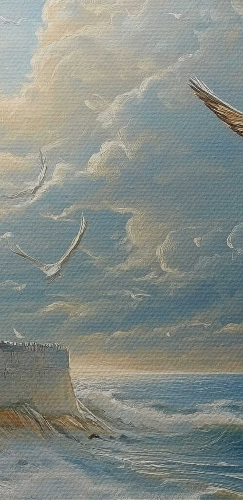 Painting of birds flying over a beach
