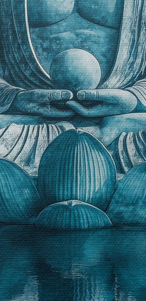 Statue of a person sitting on a lotus flower in water Statue of a person sitting on a lotus flower in water