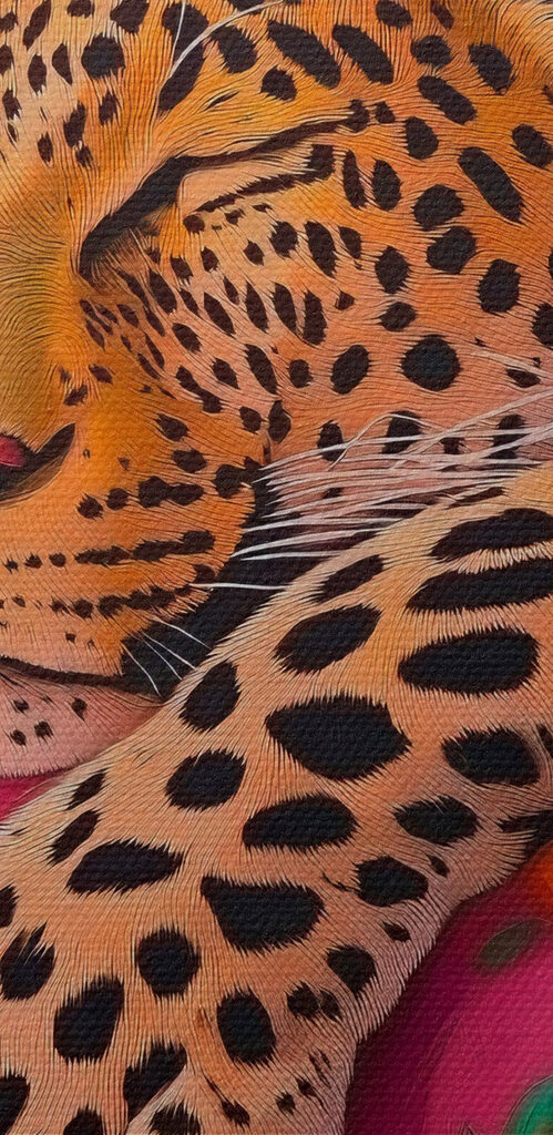 Leopard sleeping on a pink couch