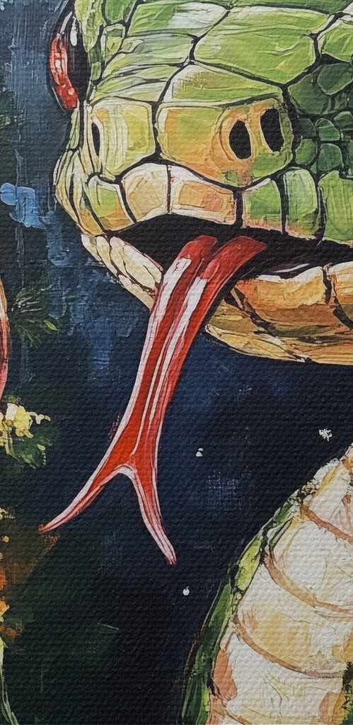 Painting of a snake holding a glass of wine