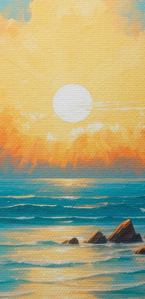 Painting of a beach with rocks and water and the sun Painting of a beach with rocks and water and the sun