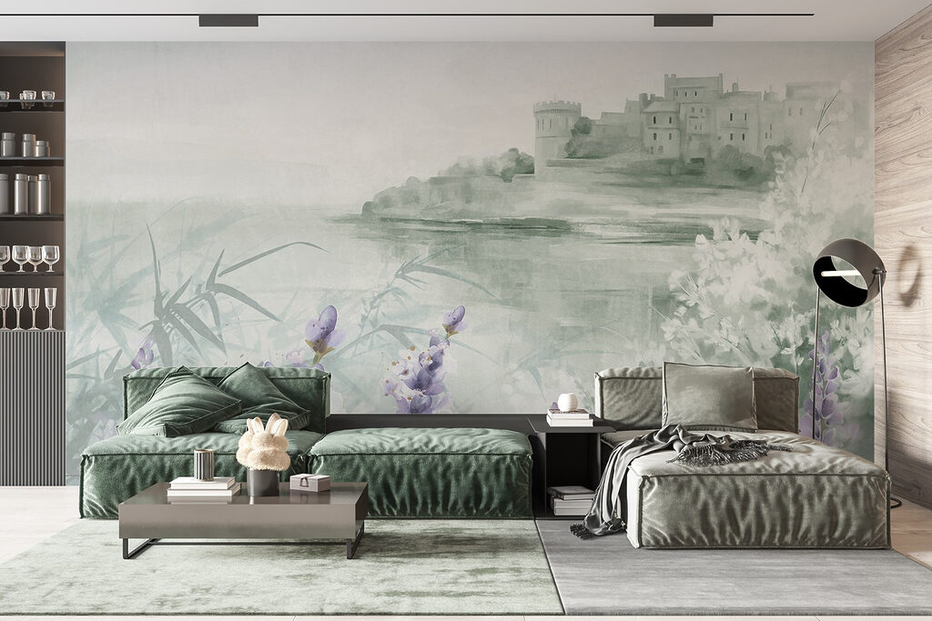 Watercolor painting of a castle and flowers