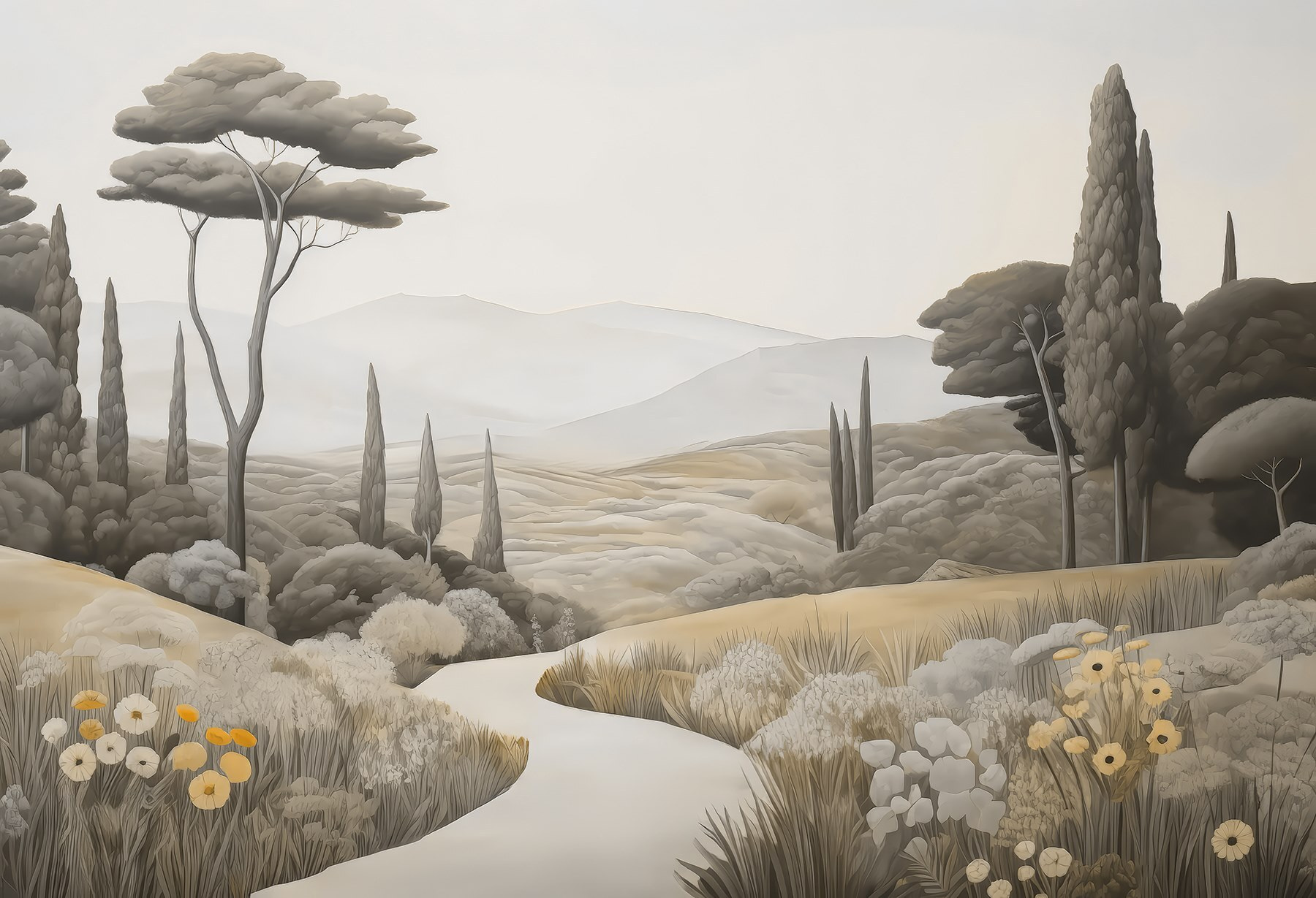 Landscape with a winding road and trees