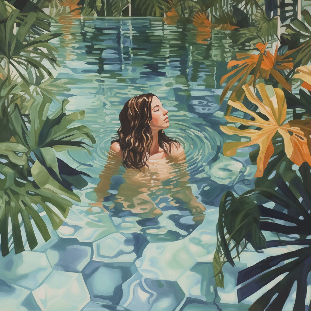 Woman in a pool surrounded by plants