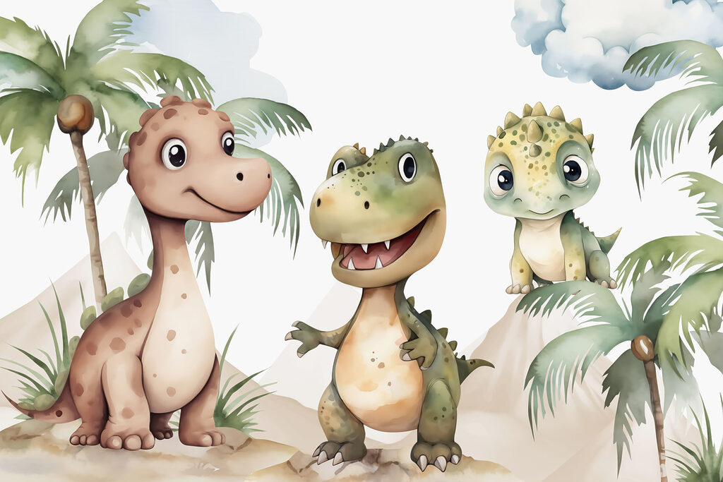 Group of dinosaurs standing on rocks