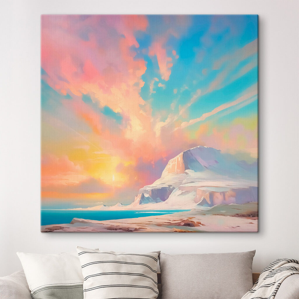 Painting of a mountain and water