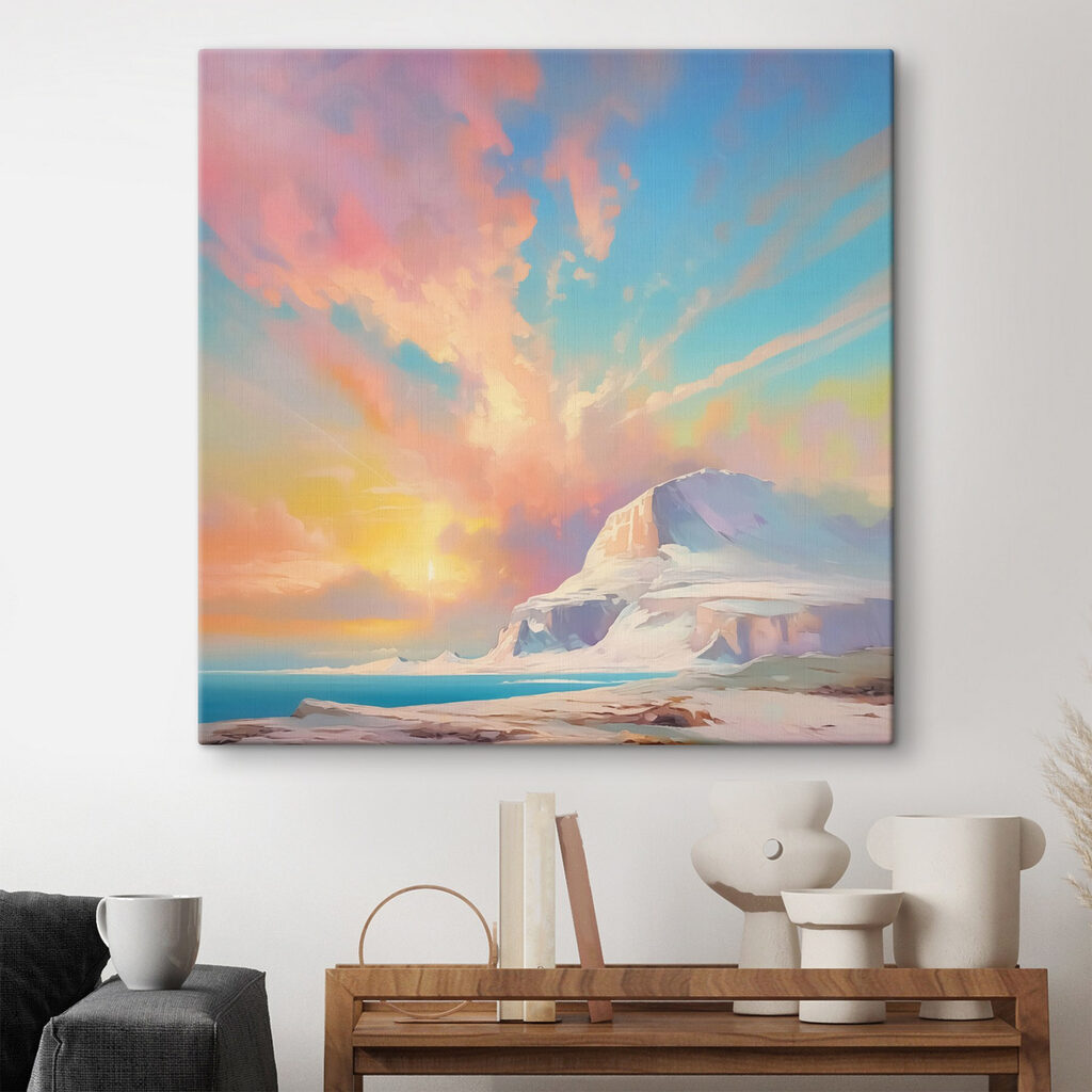 Painting of a mountain and water