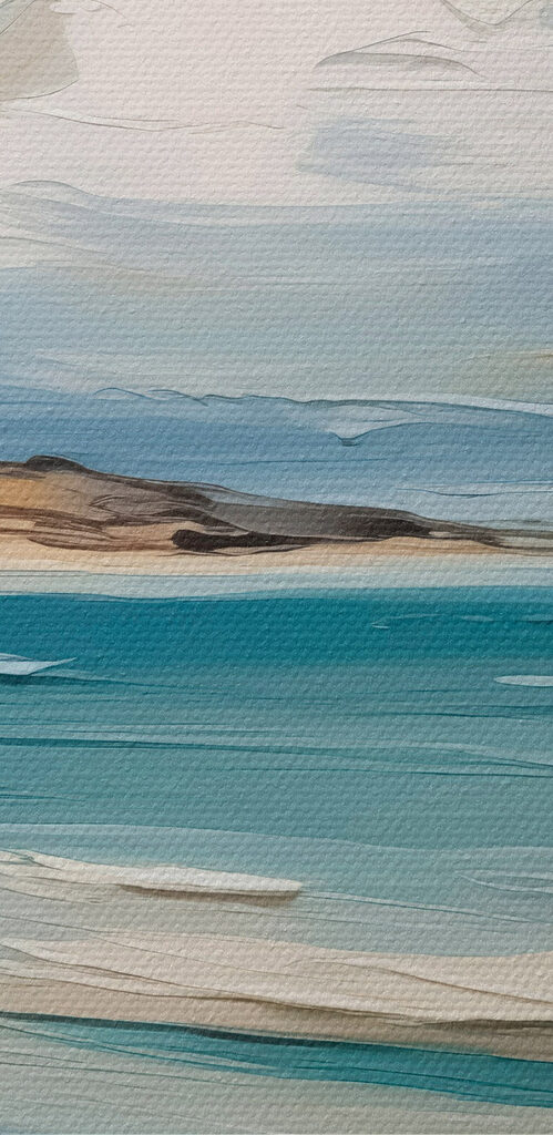 Painting of a beach and water