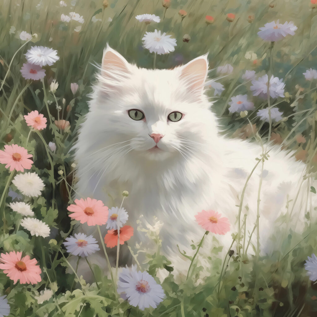 White cat in a field of flowers