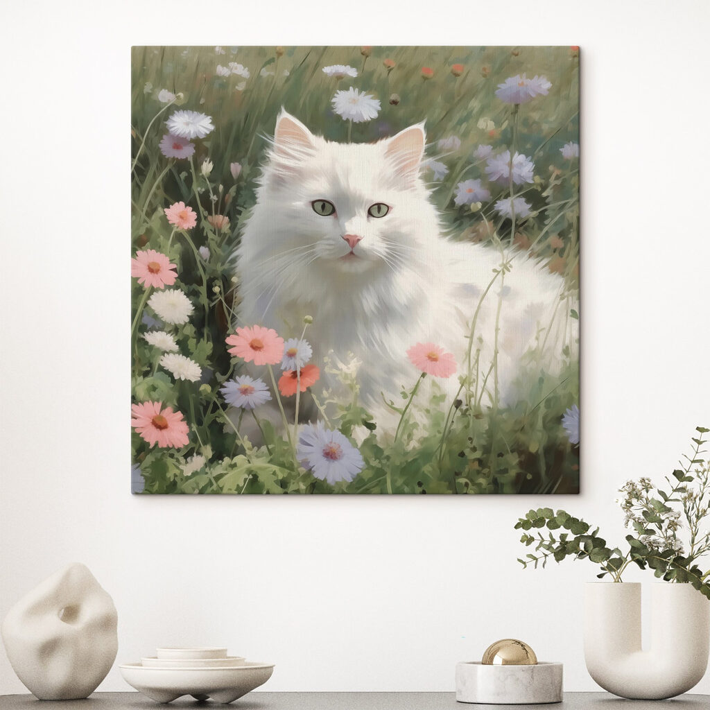 White cat in a field of flowers