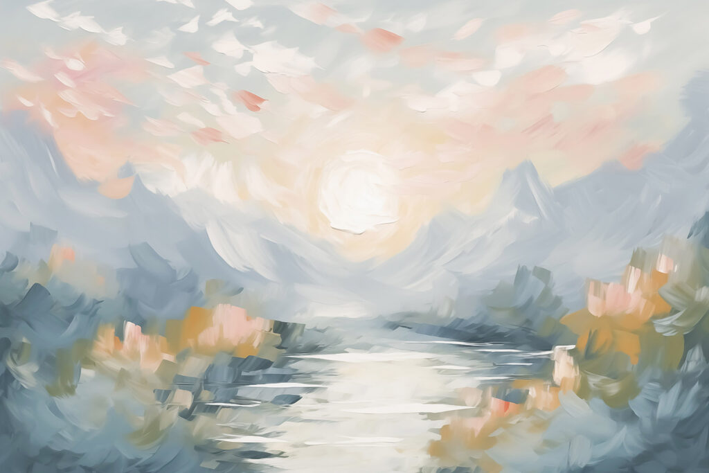 Painting of a river and mountains Painting of a river and mountains