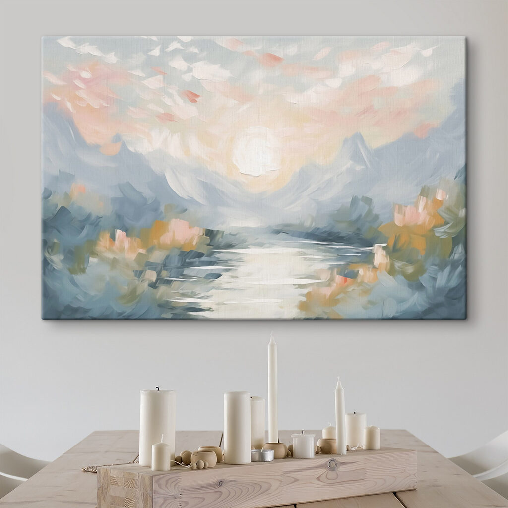 Painting of a river and mountains Painting of a river and mountains