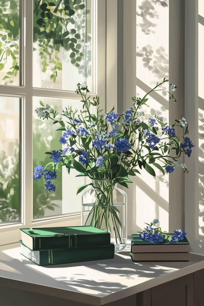 Vase of flowers in front of a window