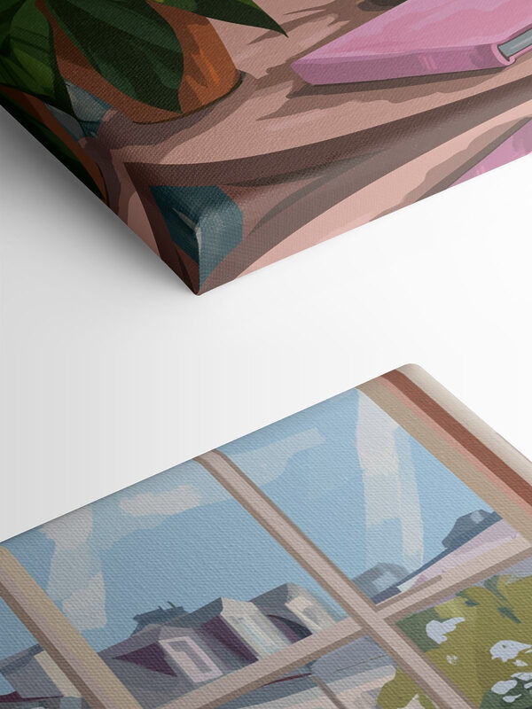 Vase of flowers and a candle in front of a window