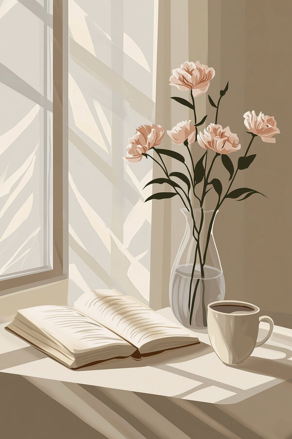 Book and a vase with flowers