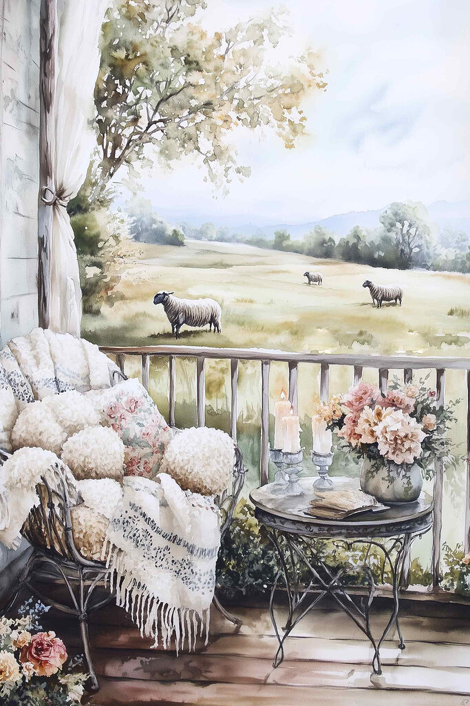 Painting of sheep on a porch