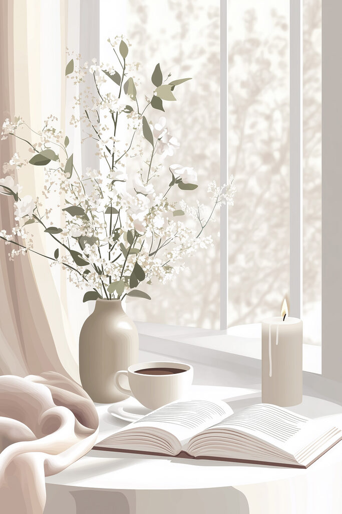 Cup of coffee and a vase of flowers on a window sill Cup of coffee and a vase of flowers on a window sill