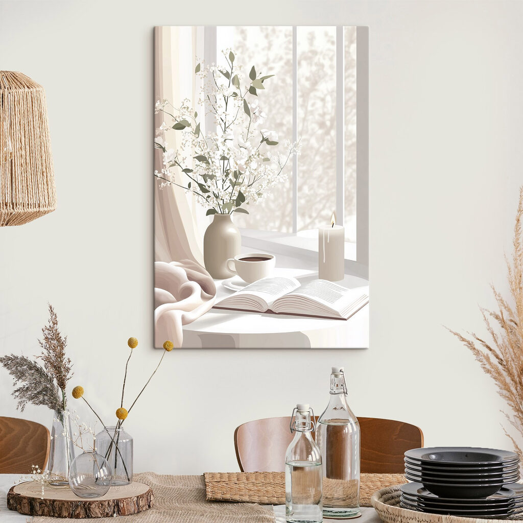 Cup of coffee and a vase of flowers on a window sill Cup of coffee and a vase of flowers on a window sill