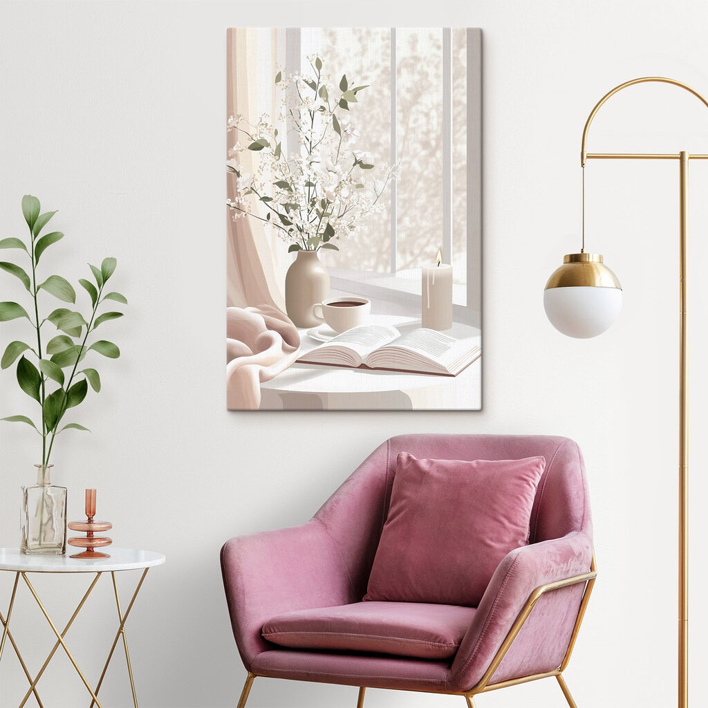 Cup of coffee and a vase of flowers on a window sill Cup of coffee and a vase of flowers on a window sill