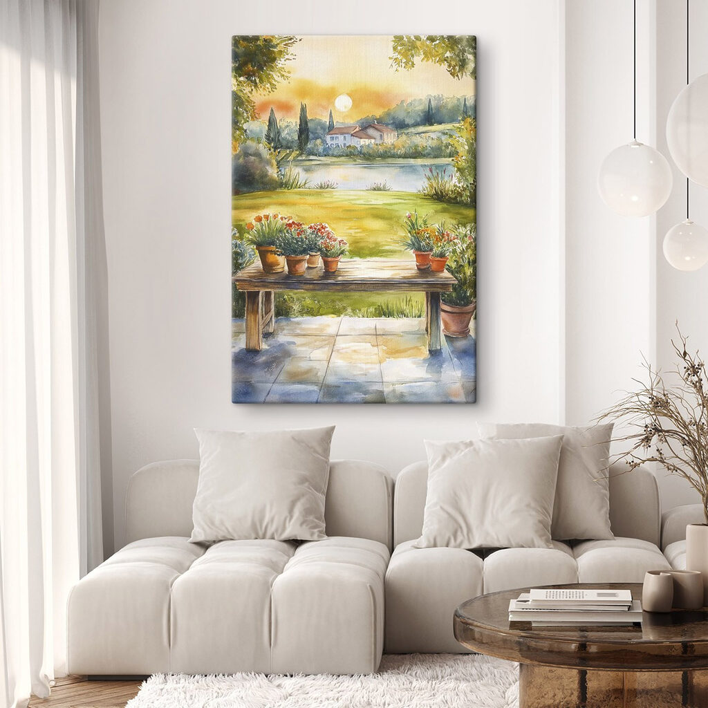 Watercolor painting of a table with potted plants on it