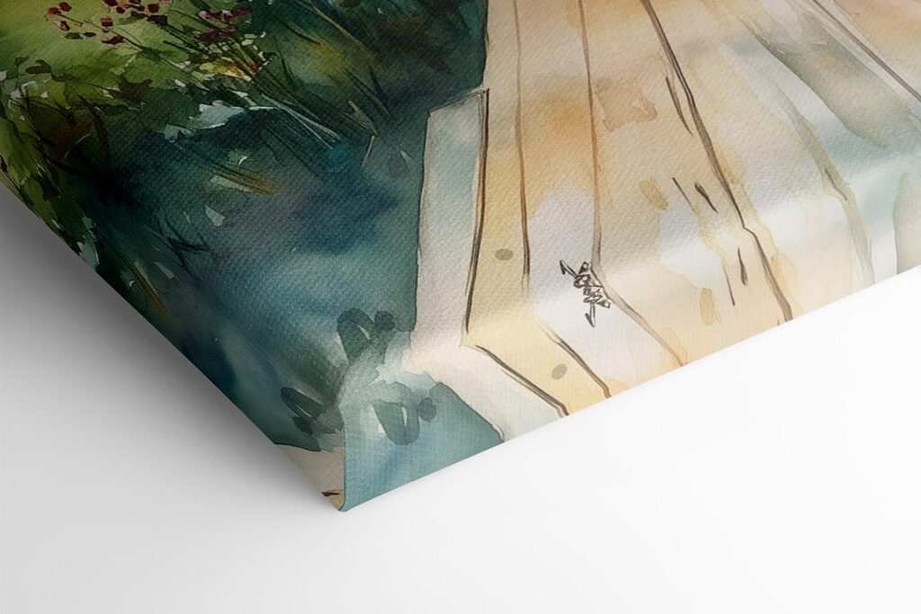 Watercolor painting of a house with flowers on a table