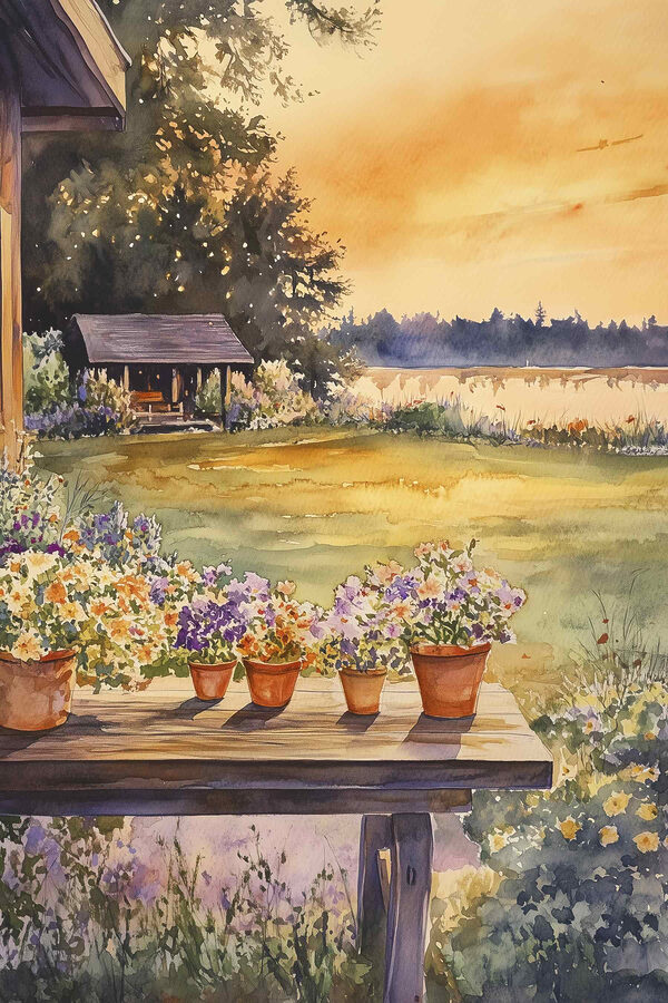 Watercolor painting of a porch with potted flowers on a table Watercolor painting of a porch with potted flowers on a table