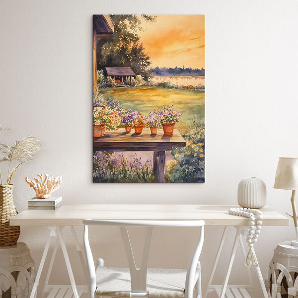 Watercolor painting of a porch with potted flowers on a table Watercolor painting of a porch with potted flowers on a table