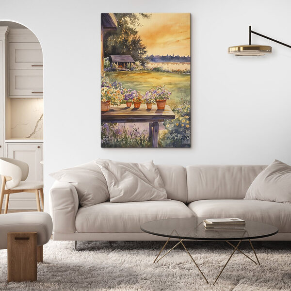 Watercolor painting of a porch with potted flowers on a table Watercolor painting of a porch with potted flowers on a table