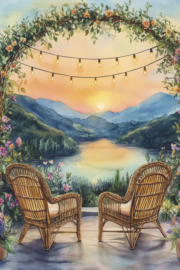 Painting of chairs and a lake Painting of chairs and a lake
