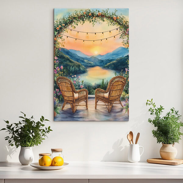 Painting of chairs and a lake Painting of chairs and a lake