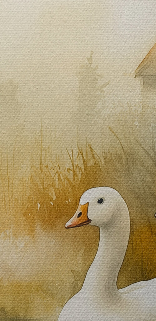 Watercolor painting of geese in a pond