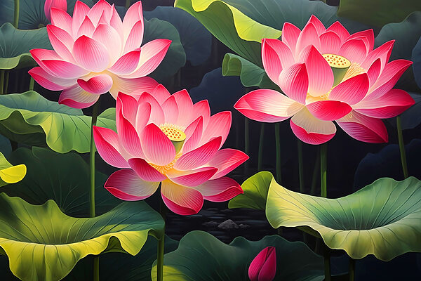 Group of pink flowers with green leaves Group of pink flowers with green leaves