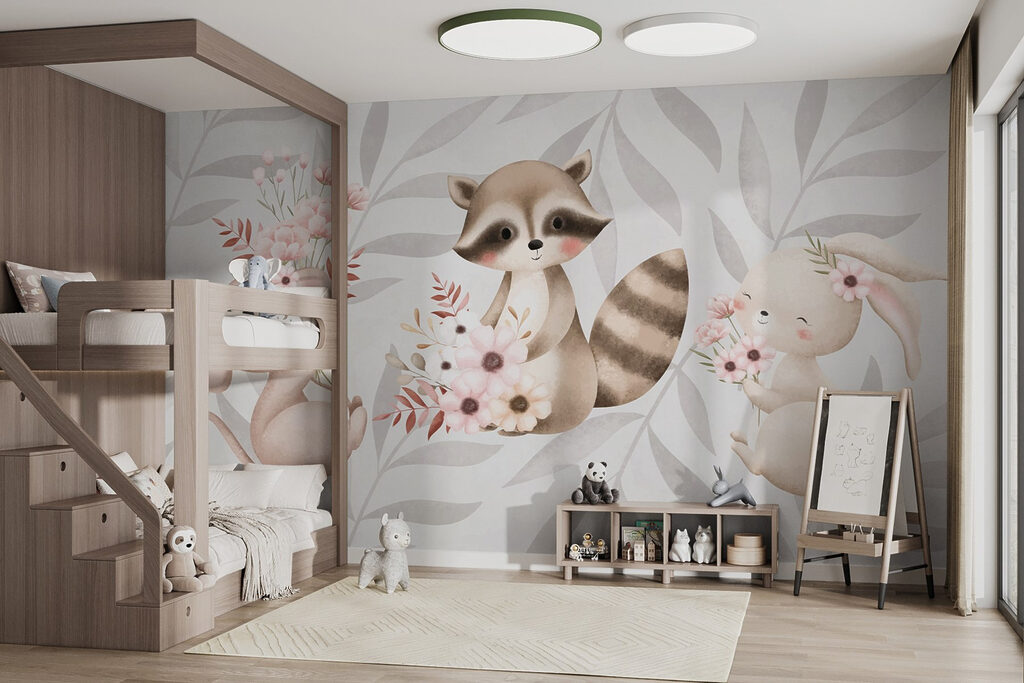 Raccoon and rabbit holding flowers Raccoon and rabbit holding flowers