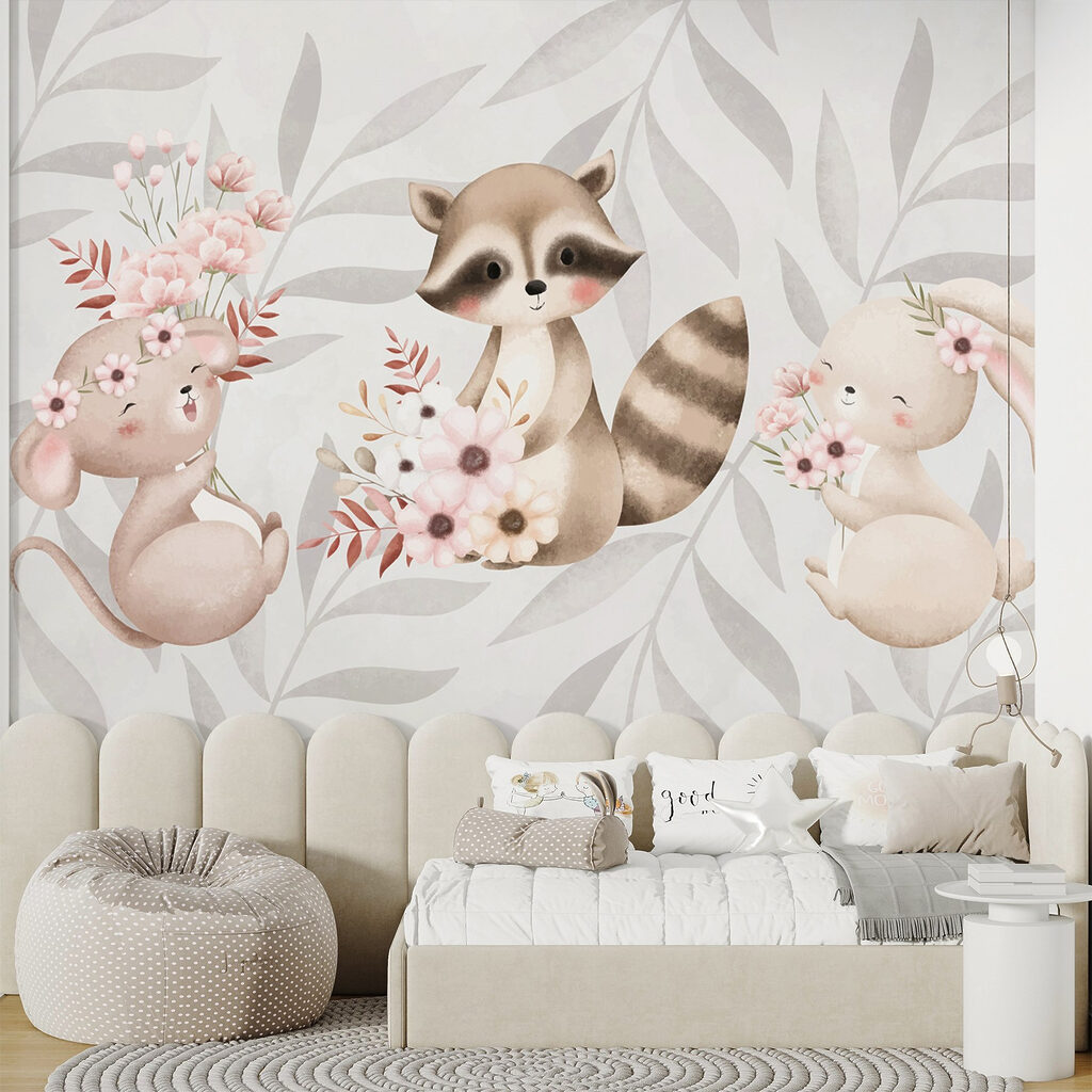 Raccoon and rabbit holding flowers Raccoon and rabbit holding flowers