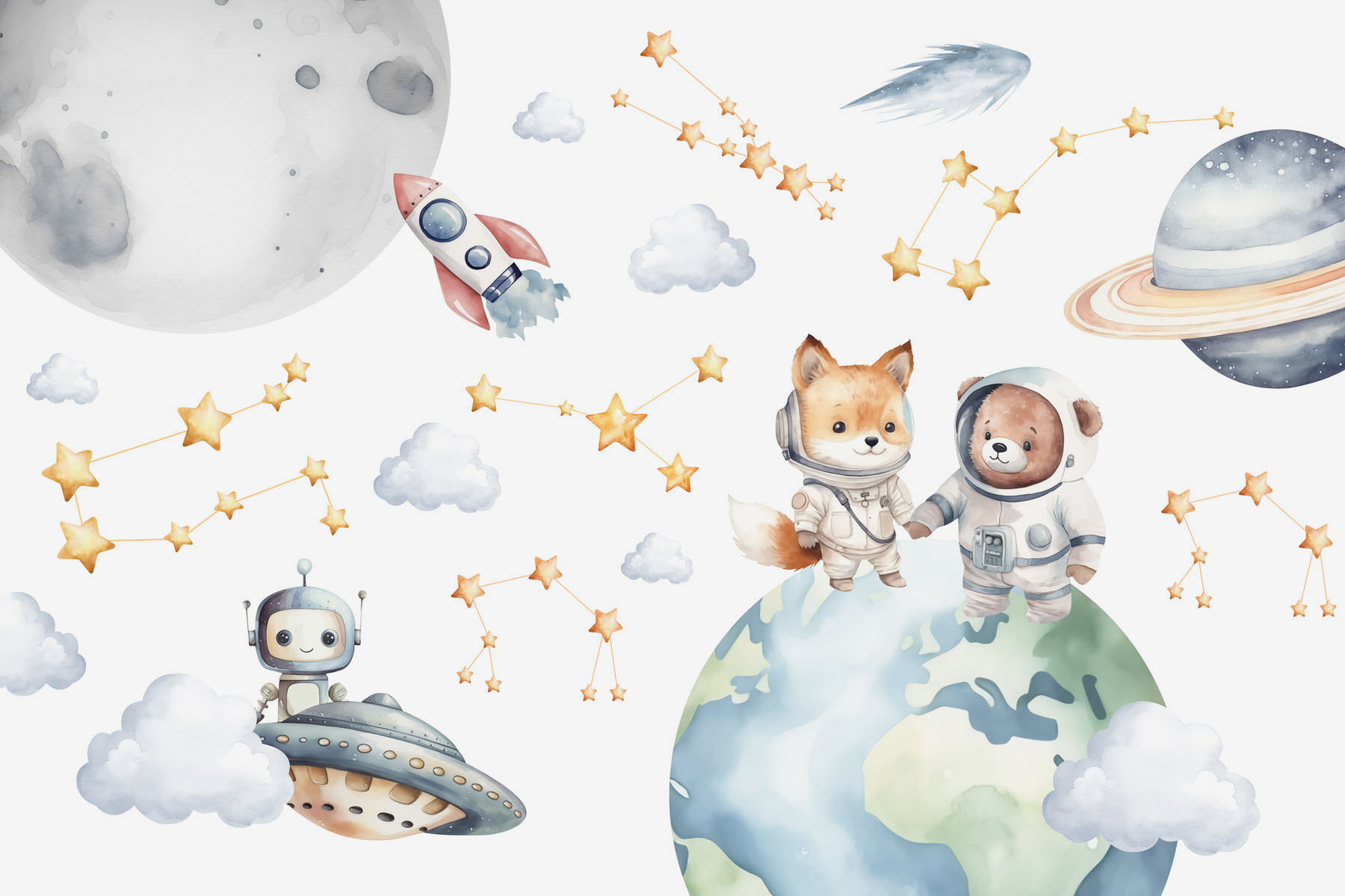 Watercolor cartoon of animals in space