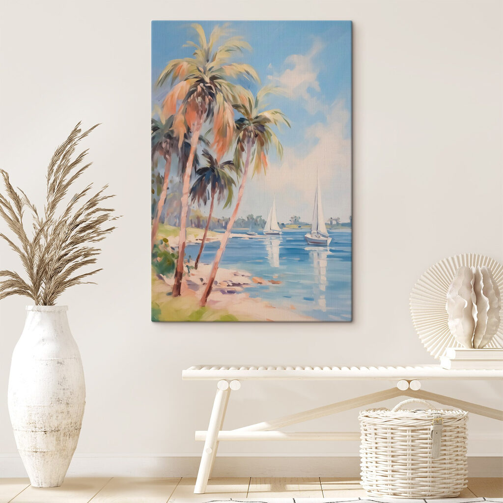 Painting of a beach with palm trees and boats Painting of a beach with palm trees and boats