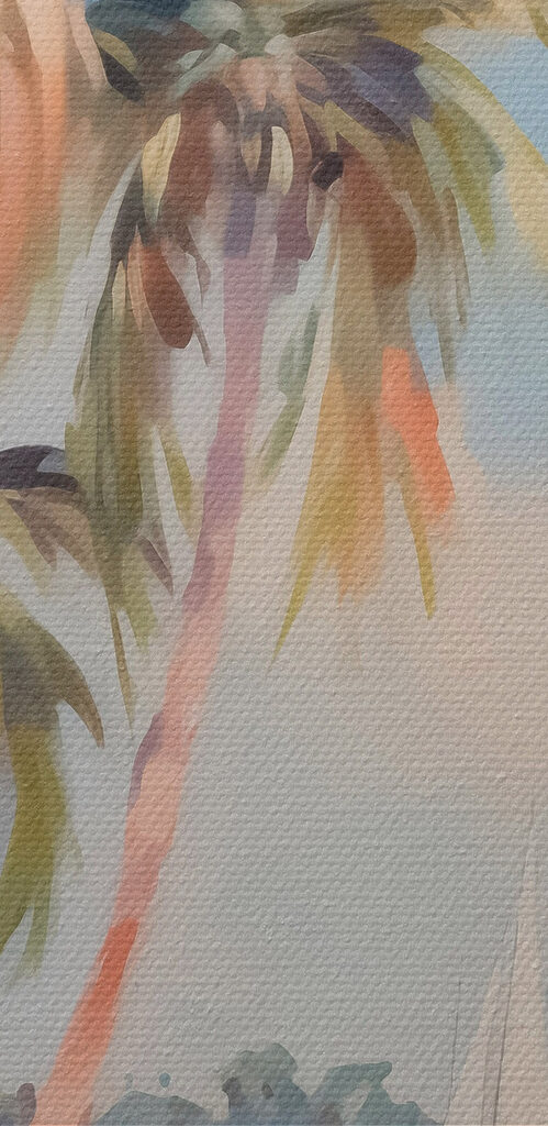 Painting of a beach with palm trees and boats Painting of a beach with palm trees and boats