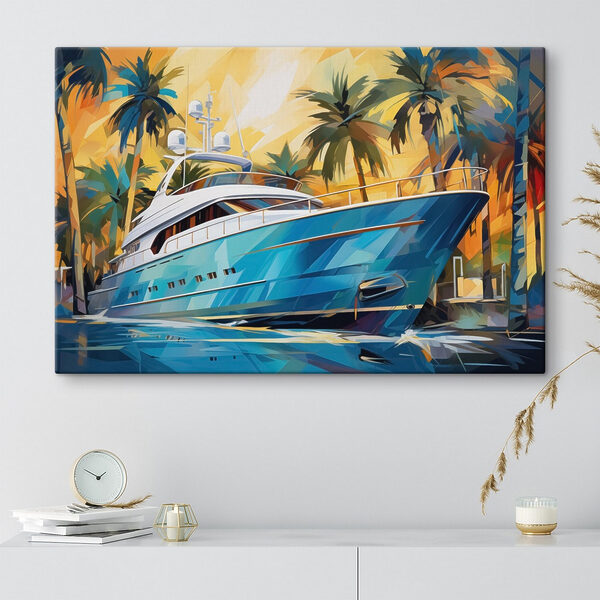 Blue boat in water with palm trees Blue boat in water with palm trees