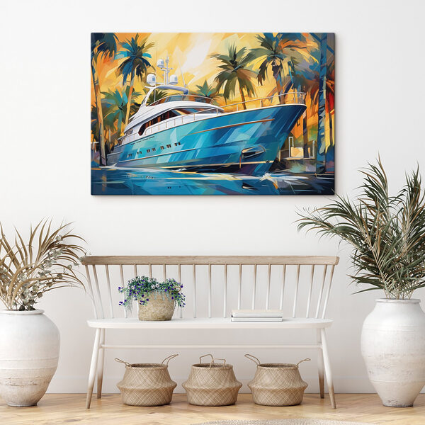 Blue boat in water with palm trees Blue boat in water with palm trees