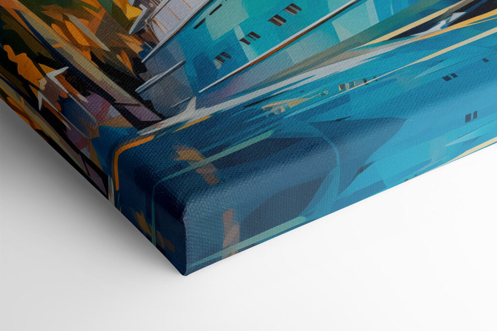 Blue boat in water with palm trees